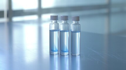 Blue Liquid Medication Vials on Stainless Steel Table with Flip-Off Lid, Pharmaceutical Research and Development Concept