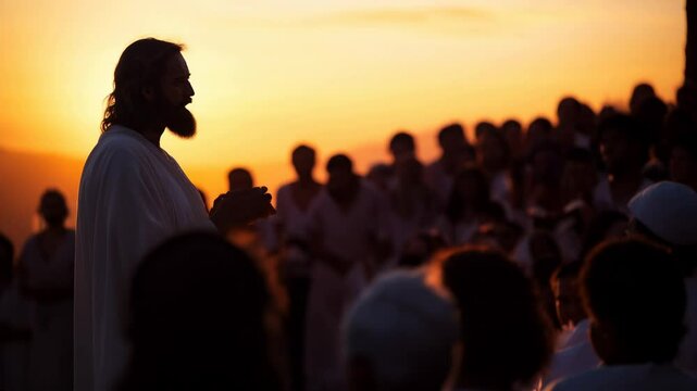 Jesus delivers a powerful message to the crowd during a breathtaking sunset moment