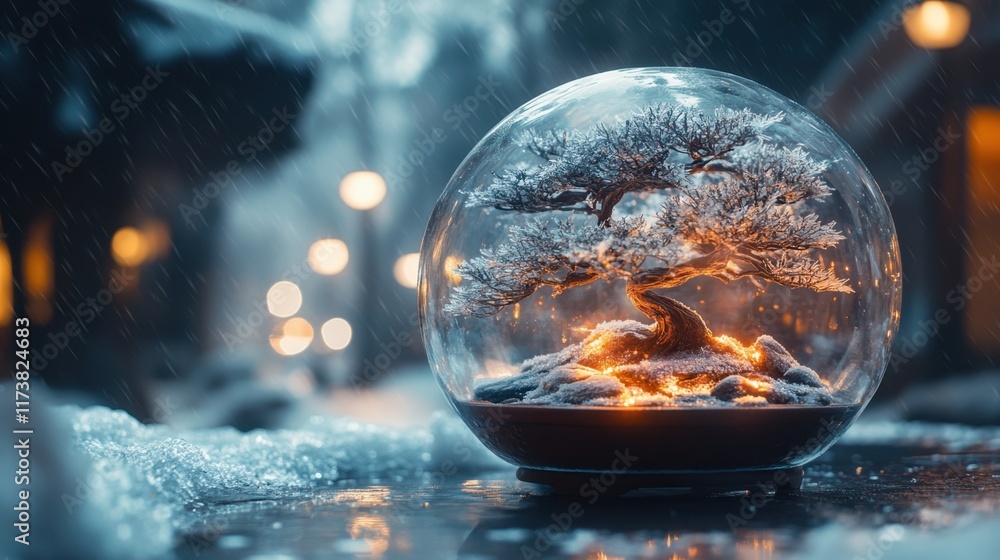 Poster enchanted bonsai within a glowing snow globe illuminates a wintry street setting under gentle snowfa