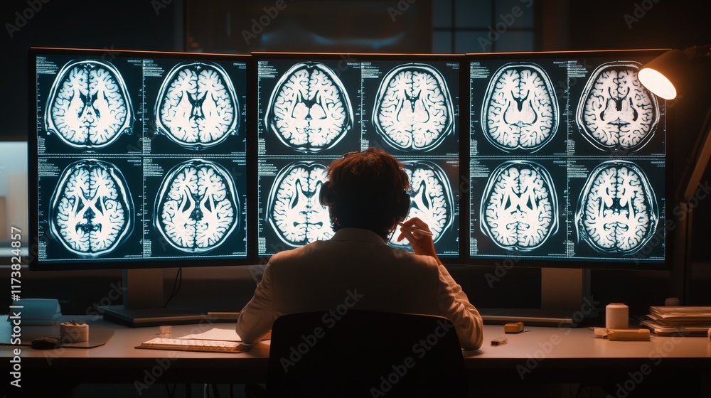 Poster Medical professional is examining brain mri scan images displayed on multiple computer screens, conducting thorough analysis in hospital laboratory