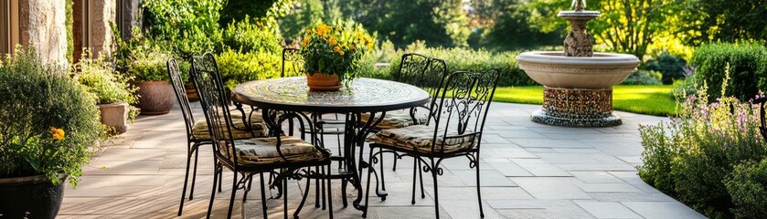 Fototapeta premium Vintage patio with wrought iron chairs, a mosaic table, and an antique garden fountain