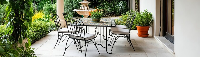 Obraz premium Vintage patio with wrought iron chairs, a mosaic table, and an antique garden fountain