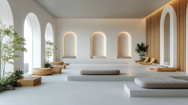 Serene spa relaxation area with arched windows, wooden accents, and ambient lighting