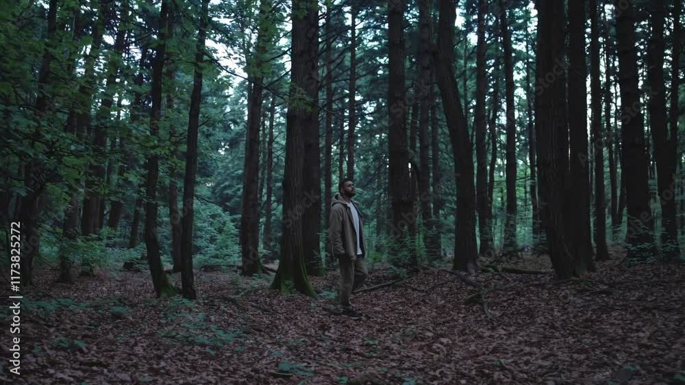 Poster Man walks through a dense forest during early morning with mist and soft light filtering through the trees