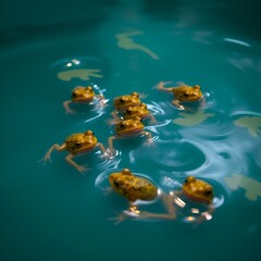 Frogs in a cheerful mood swimming together in a turquoise pool with lily pads, copy space