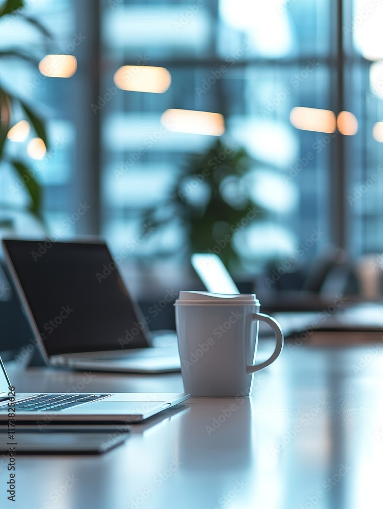 Poster office workspace featuring laptops and a coffee cup in a modern environment with large windows and s