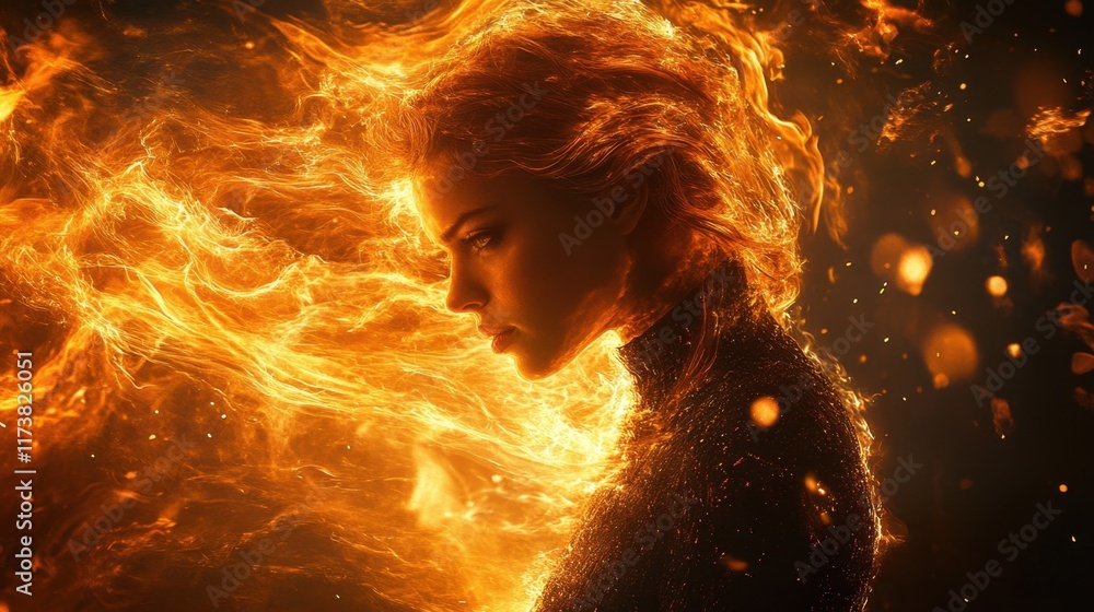 Poster mysterious figure surrounded by vibrant flames embodying power and transformation in a mesmerizing n