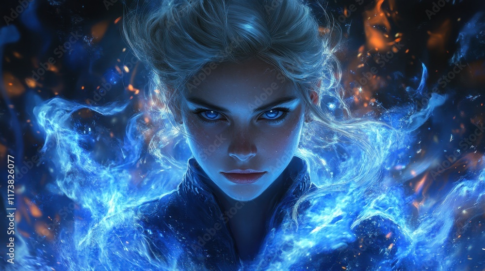 Poster powerful sorceress commands fire and ice in an enchanting fantasy landscape at dusk. generative ai