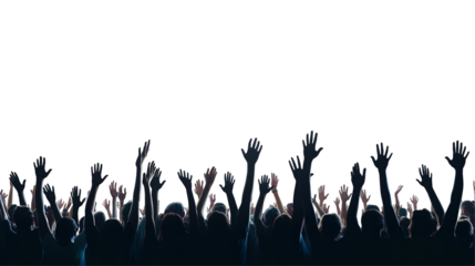 Crowd silhouettes with raised hands.