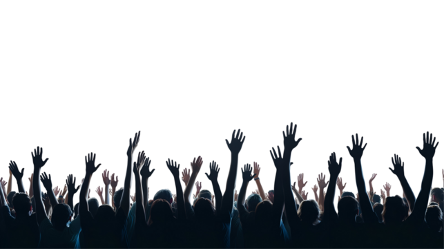 Crowd silhouettes with raised hands. - Powered by Adobe