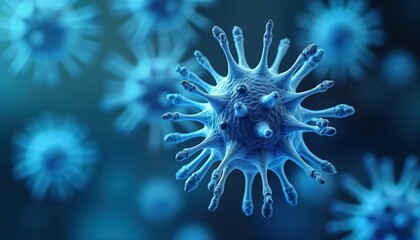 Closeup view of virus model. Detailed molecular structure highlighted. Medical science research on virus shape. Biotech future tech. Lab experiment. Digital model in science. Modern medical tech.