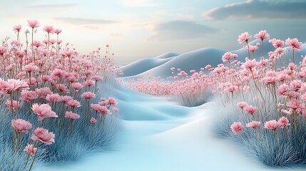 Pink Flowers Bloom in a Serene Winter Landscape