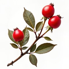 Rose hips, leaves on branch. Red rose hips, green leaves isolated on white background. Natural food ingredient. Perfect for food packaging recipe book healthy eating promotion. Botanical image
