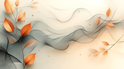 Abstract Autumn Leaves and Flowing Grey Waves