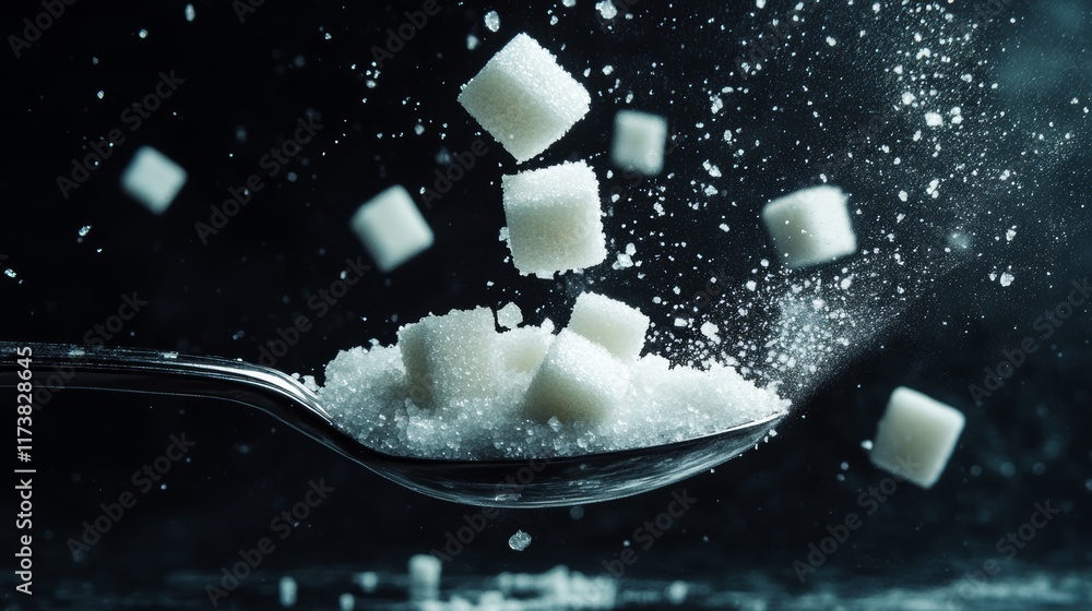 Poster sugar cubes exploding from a spoon against a dark background, symbolizing the concept of sugar reduc