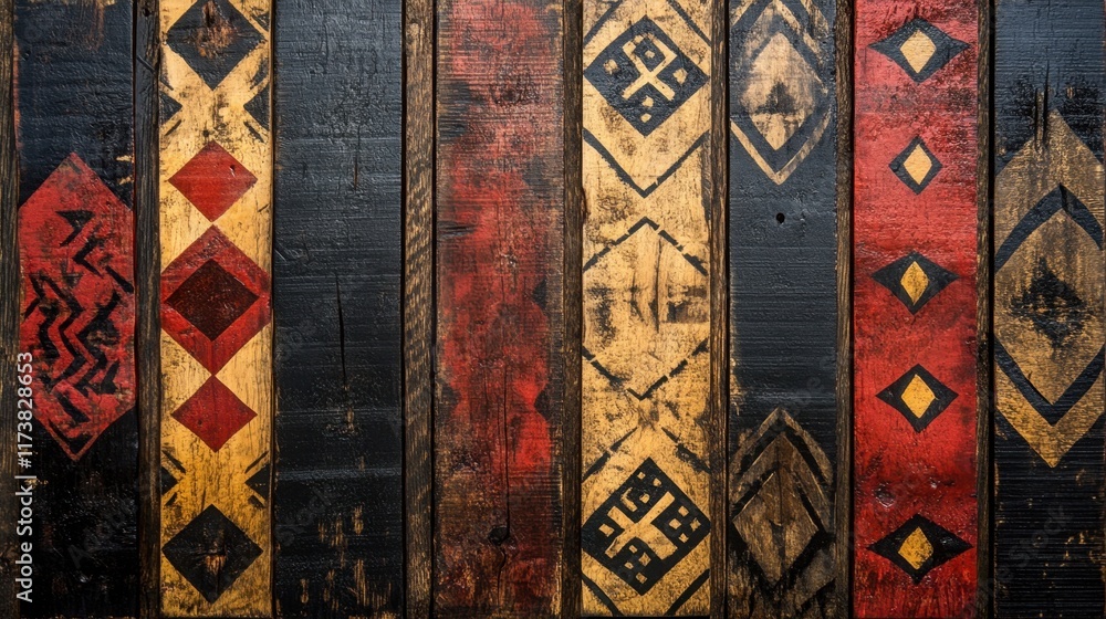 Poster vibrant patterns of handcrafted wooden planks on display showcasing cultural artistry and craftsmans