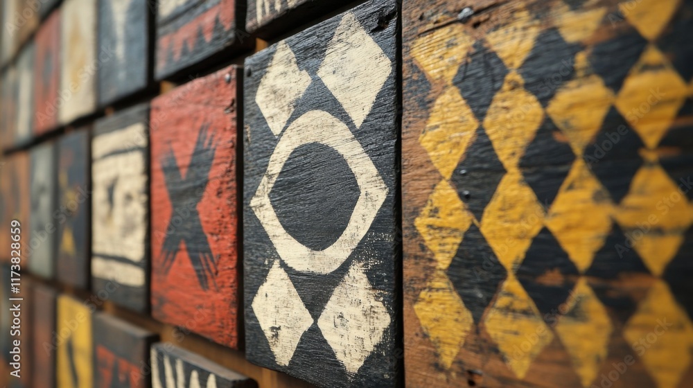 Poster colorful wooden tiles adorned with intricate patterns create a stunning wall display in an art galle