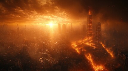 A dramatic apocalyptic scene with burning skyscrapers and a fiery sky at sunset.