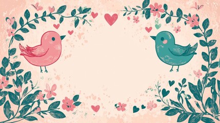 bird cartoon illustration border frame with a light pink background featuring a decorative border of pink and teal flowers and leaves.