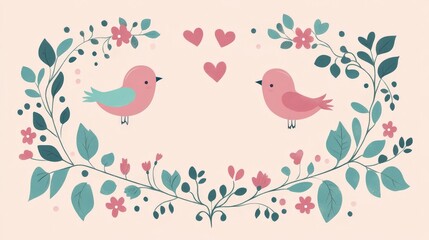 bird cartoon illustration border frame with a light pink background featuring a decorative border of pink and teal flowers and leaves.