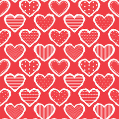 Hearts Pattern. Valentine's Day Seamless Background. Red and White Hearts with Different Patterns. Happy Valentines Day Print. Vector illustration in Red, White