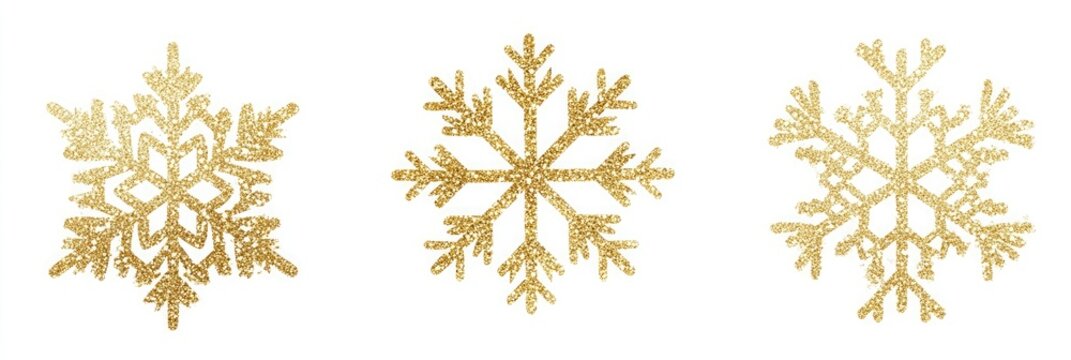 Set of gold glitter snowflakes isolated on a white background, cut out