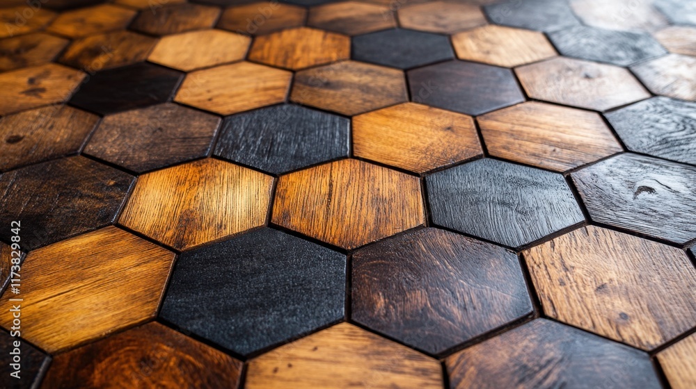 Aufkleber unique hexagon pattern of wooden tiles creating an artistic flooring design in a modern interior set