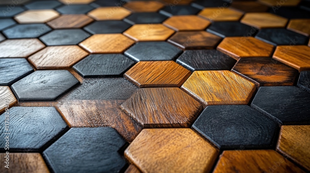 Poster exploring the beauty of hexagonal wooden patterns in a cozy interior design setting. generative ai