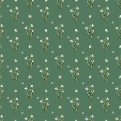 Elegant snowdrop pattern in watercolor on green textile for seamless wrapping design