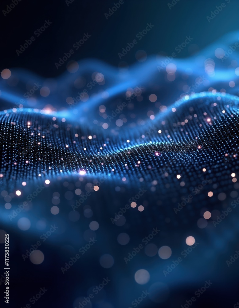 Poster abstract digital wave pattern. moving particles create dynamic design. glowing dots flow across surf
