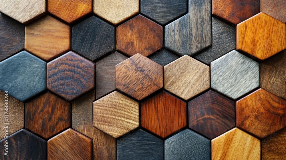 Aufkleber unique arrangement of hexagonal wooden tiles showcasing various textures and colors in an artistic d