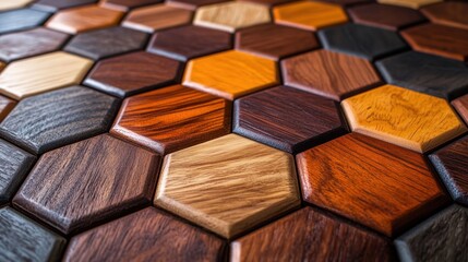 Fototapeta premium Artful arrangement of hexagonal wooden tiles showcasing a variety of textures and colors in a warm, inviting setting. Generative AI
