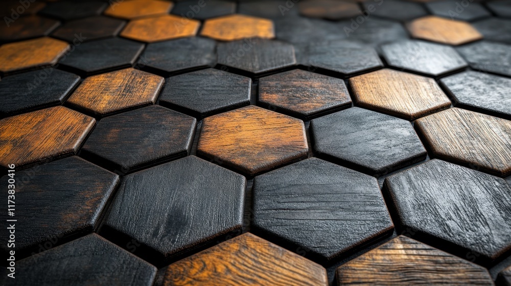 Aufkleber hexagonal wooden tiles arranged in an artistic pattern creating a warm and inviting atmosphere at a 