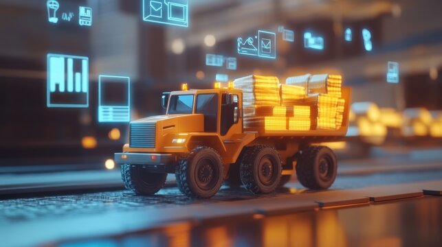 Construction Vehicle with Floating Icons and Materials