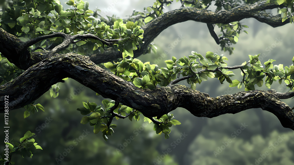 Aufkleber branches of a lush tree displaying vibrant green leaves in a tranquil forest setting during daytime.