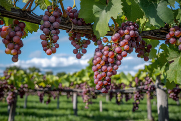 Red Grapes growing on a Grapevine with green leaves on a Grape farm on a sunny clear blue sky day.