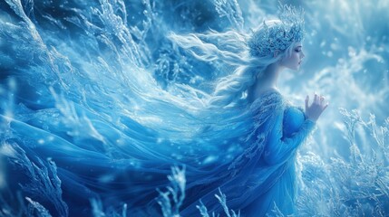 Enchanting ice queen surrounded by swirling frost in an ethereal winter wonderland with a mystical aura. Generative AI