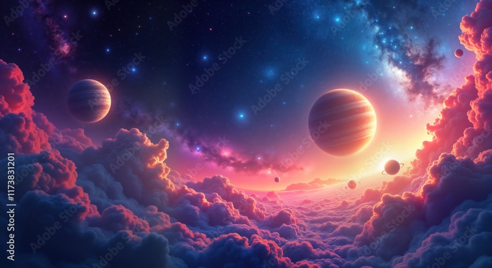 Poster fantastic colorful space scene with planets, nebulae floating above colorful clouds. cosmic view of 