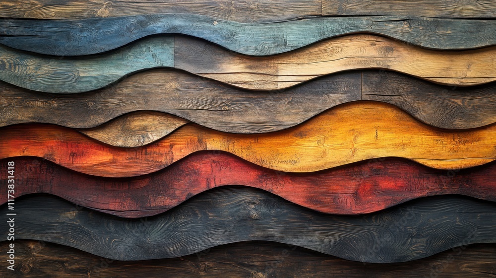 Aufkleber colorful wavy wooden panels creating a dynamic visual effect in an art installation. generative ai