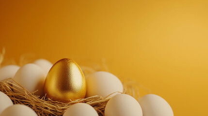 A golden egg surrounded by many normal white eggs. Concepts of rich man choice, best stock share market investment, successful special lucky person. Copyspace. Generative AI