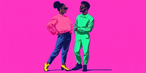 2D animation couple wearing pink and green outfits 