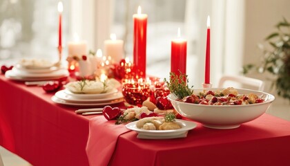 Romantic valentine's day table setting with red candles and decorations