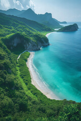 Photo r&eacute;aliste professionnelle d&rsquo;une &icirc;le paradisiaque tropicale avec v&eacute;g&eacute;tation &eacute;clatante et c&ocirc;te sinueuse