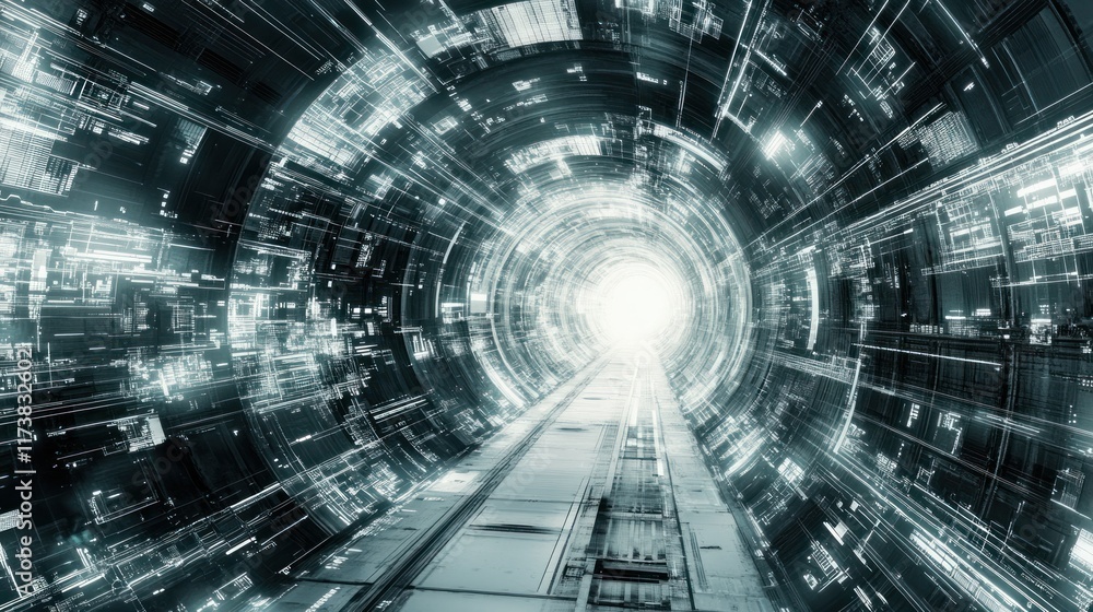 Poster a futuristic tunnel of light and data streams towards a bright center. ideal for technology websites