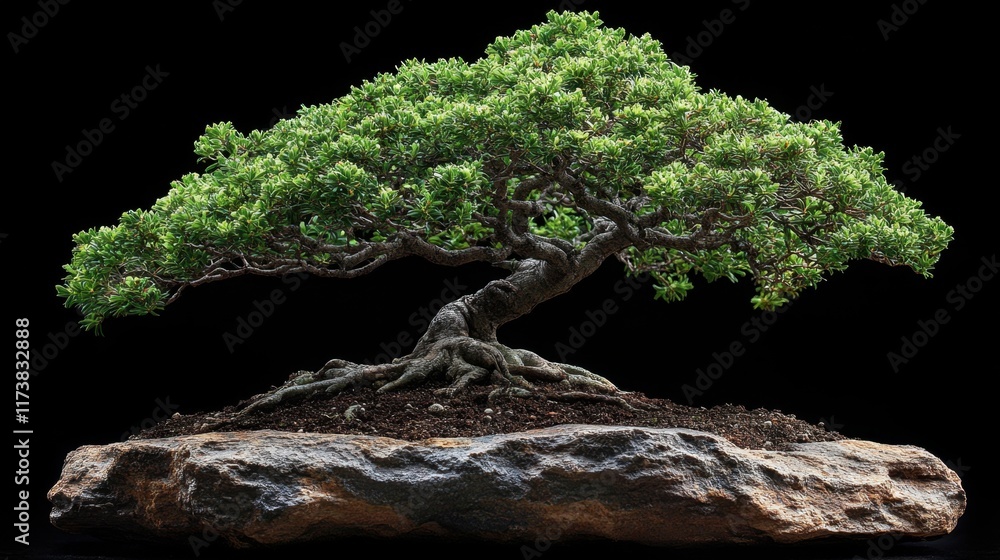 Poster bonsai tree artfully perched on a textured rock creating a harmonious balance in a serene setting. g