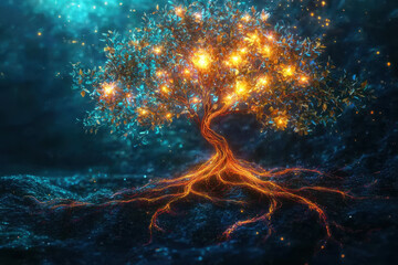 Magical tree with glowing branches and roots in a cosmic night landscape