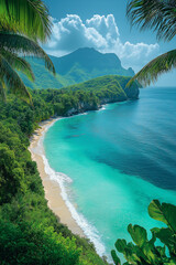 Fototapeta premium Photo réaliste professionnelle d’une île paradisiaque tropicale avec végétation éclatante et côte sinueuse