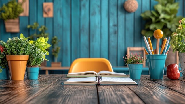 A cozy workspace with plants, stationery, and a notebook on a wooden table against a blue wall. Ideal for educational content or blog posts about productivity and home offices.