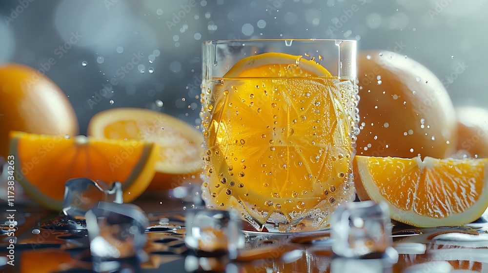 Poster refreshing orange slices in sparkling water with ice cubes.