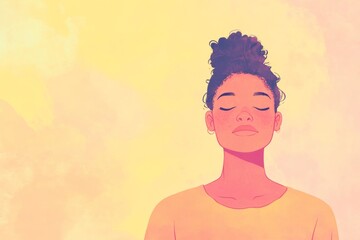 young diverse non binary person meditating, her face calm and serene, set against a soft pastel background, minimal background with copy space
